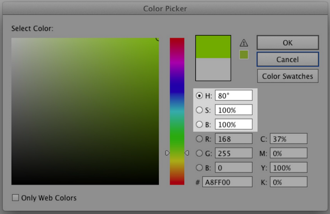 Adobe Color Picker with HSB area highlighted.
