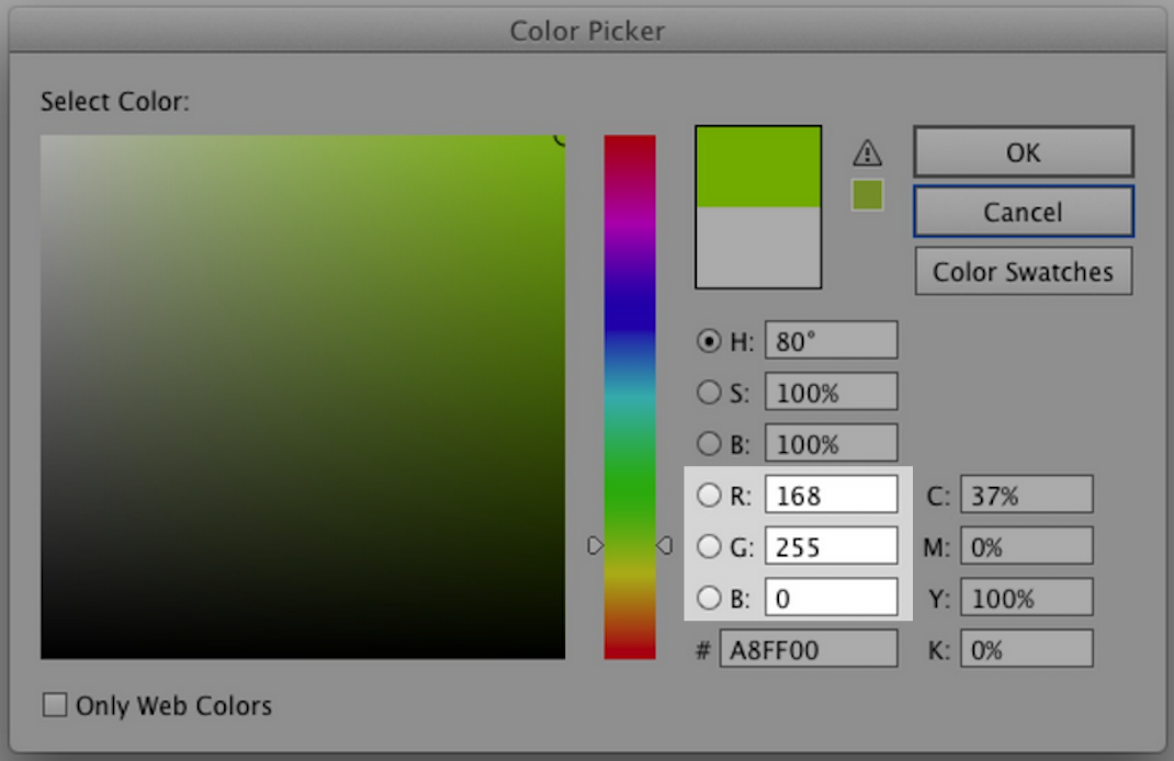 Adobe Color Picker with RGB area highlighted.